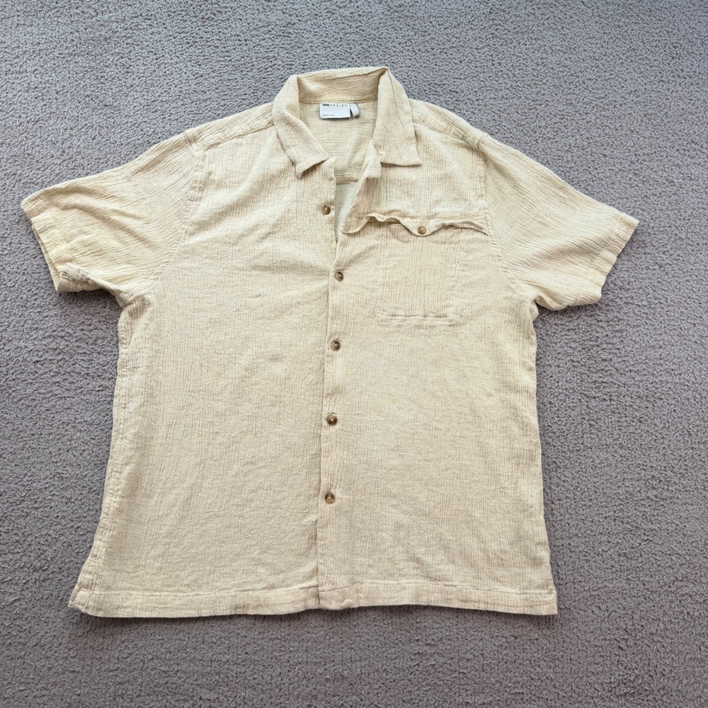 ASOS DESIGN Mens Large Oatmeal Beige Cotton Linen Textured Button Up Shirt L